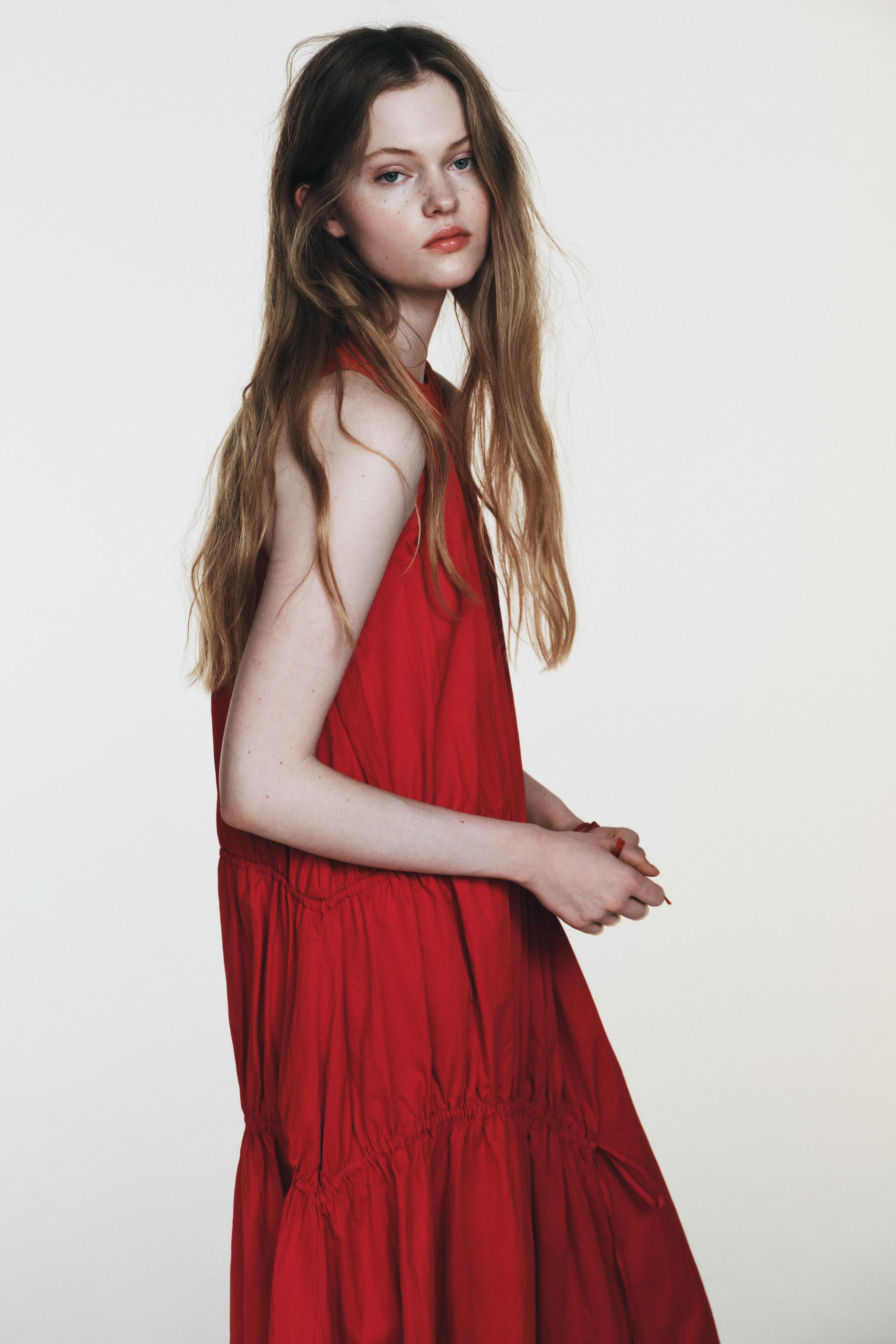 Zara - Nylon Midi Dress With Ties - Red - L - Woman Zara - Nylon Midi Dress With Ties - Red - L - Woman